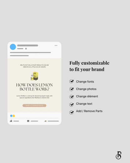 Instagram post template explaining how Lemon Bottle works, highlighting customization options for branding.
