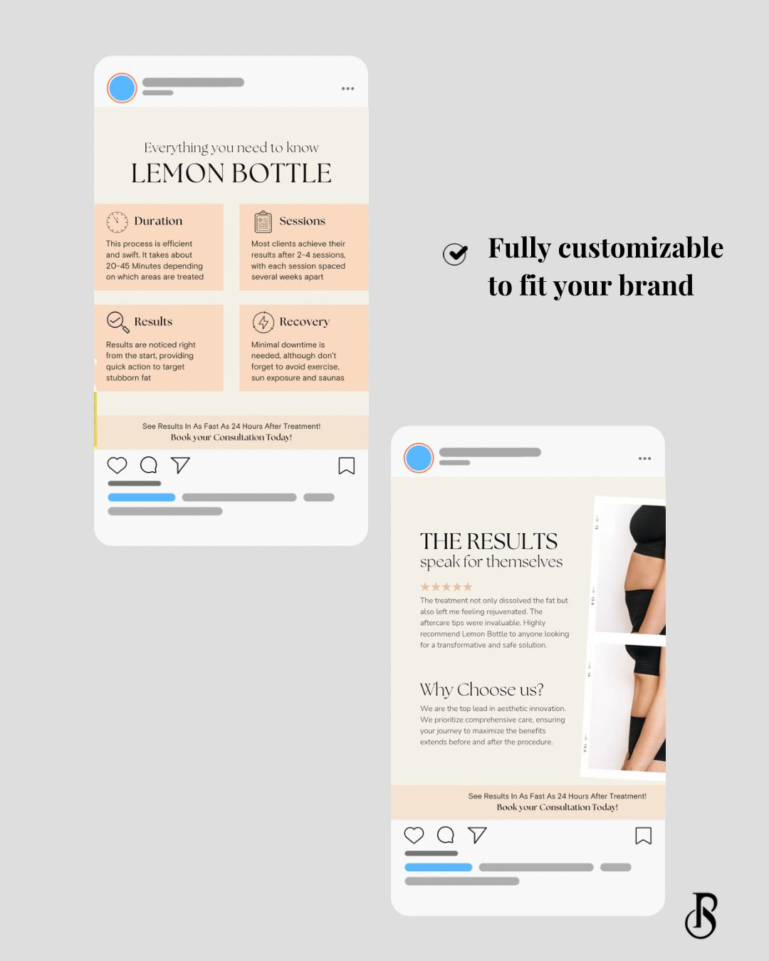 Lemon Bottle Instagram post templates showcasing customizable content and results for beauty professionals.