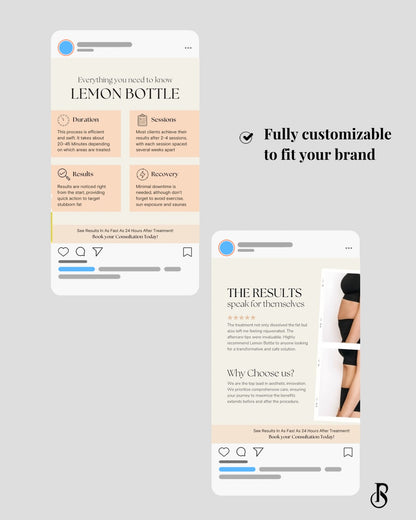 Lemon Bottle Instagram post templates showcasing customizable content and results for beauty professionals.