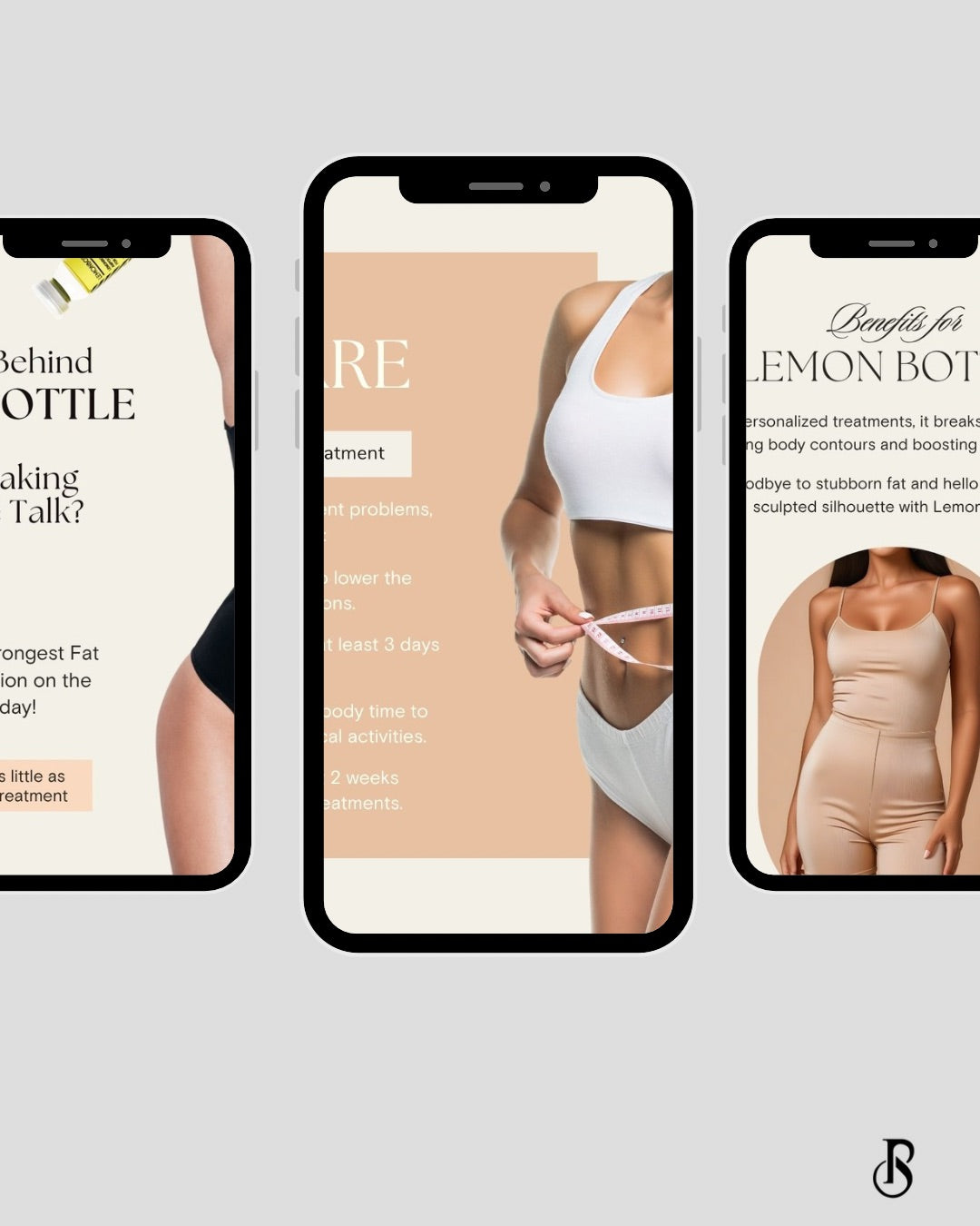 Lemon Bottle Instagram Post Templates showcasing treatment benefits and results on mobile screens.