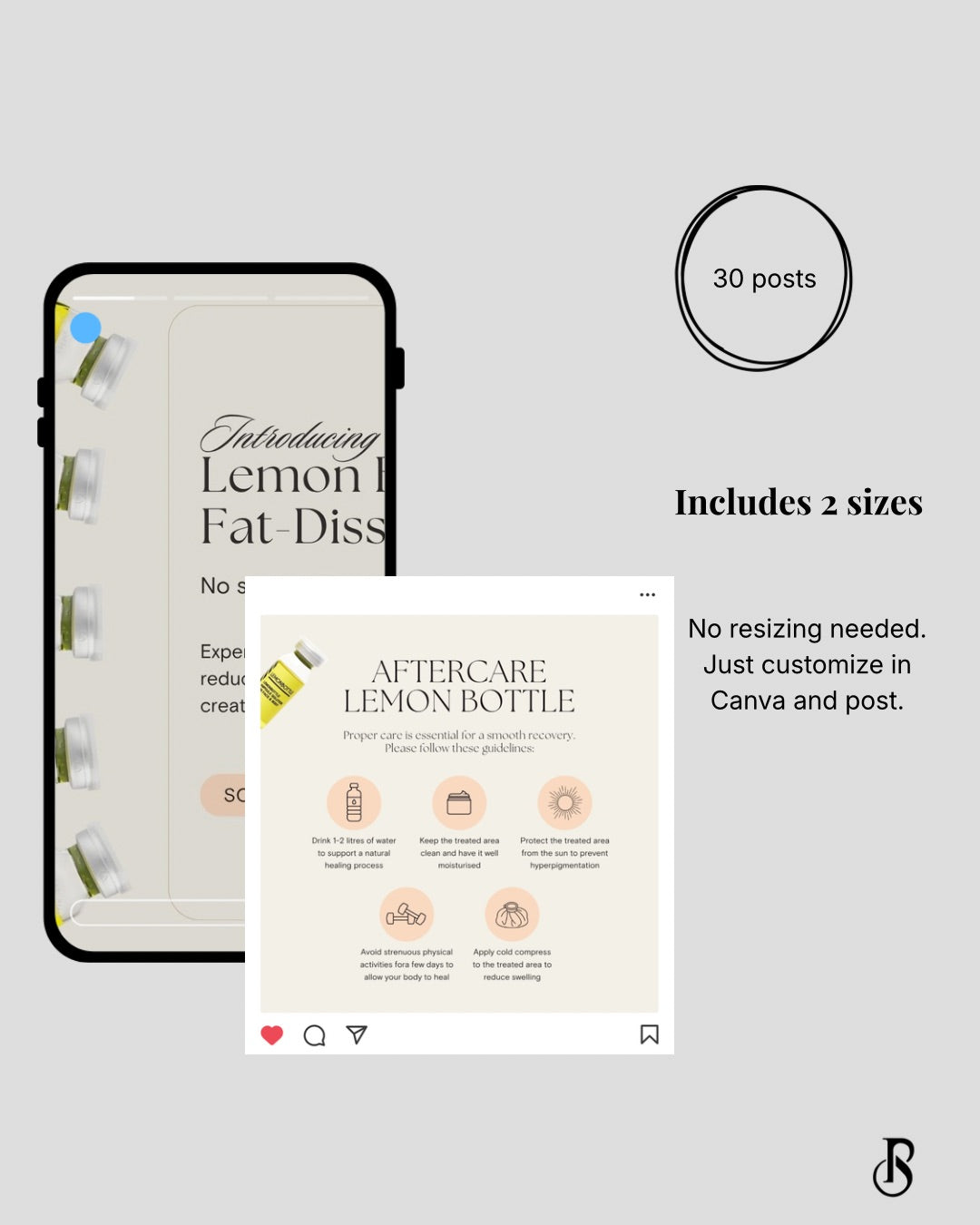 Instagram post showcasing Lemon Bottle templates for beauty professionals, highlighting aftercare tips and customization options.