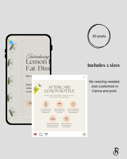 Instagram post showcasing Lemon Bottle templates for beauty professionals, highlighting aftercare tips and customization options.