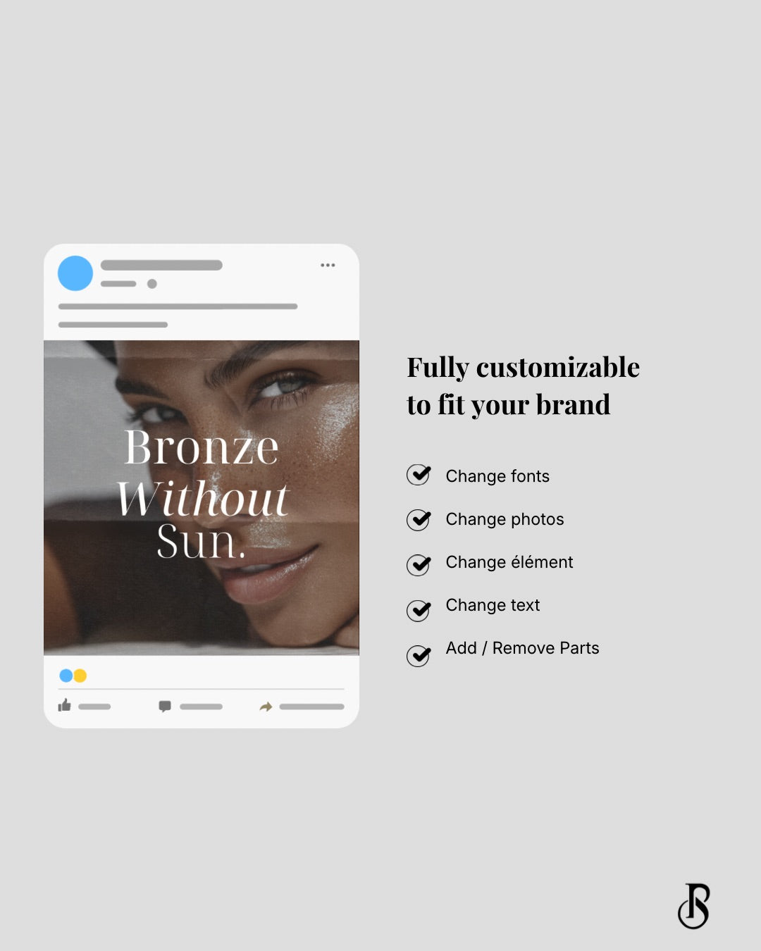 Customizable spray tan branding template featuring a tan model with options to change fonts, photos, and text.