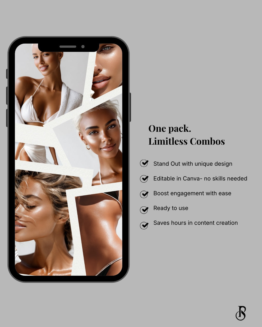 Spray Tan branding templates in a phone, showcasing unique designs for tanning businesses and boosting engagement.