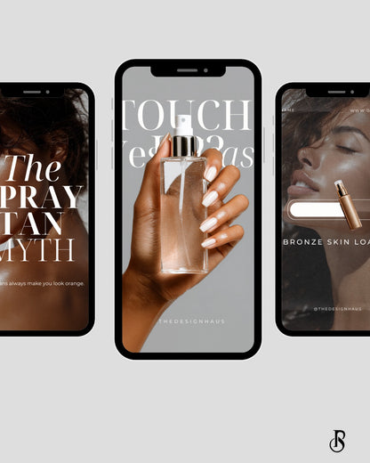 Spray Tan Brand Edit showcasing products on three smartphones with beautiful skin tones and branding designs.